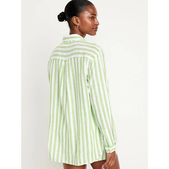 NWT Old Navy Womens Green White Striped Linen Button Down Shirt Sz M Boyfriend - Picture 1 of 12